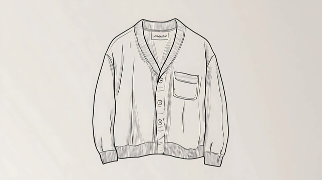 recommend clip art: A line drawing of a knitted cardigan with a patch pocket and button-up closure.