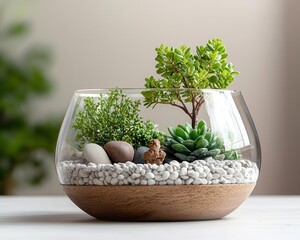 A miniature garden in a glass bowl, featuring tiny plants, pebbles, and a small figurine