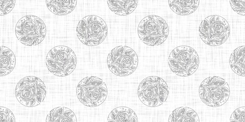 Seamless french taupe floral farmhouse linen printed fabric background. Light mottled grey cottage pattern. Shabby chic woven 2 tone cloth effect. Textile rustic organic ecru neutral all over print.