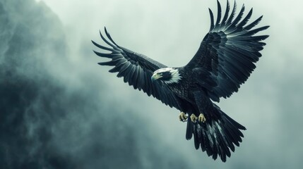 Fototapeta premium Majestic Bald Eagle Soaring Through Misty Sky