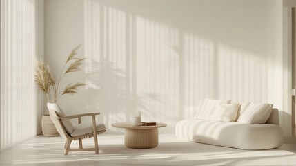 Minimalist living room interior with a modern design concept. The contemporary room features a luxurious white and bright tone with blurred lines for an artistic touch. 