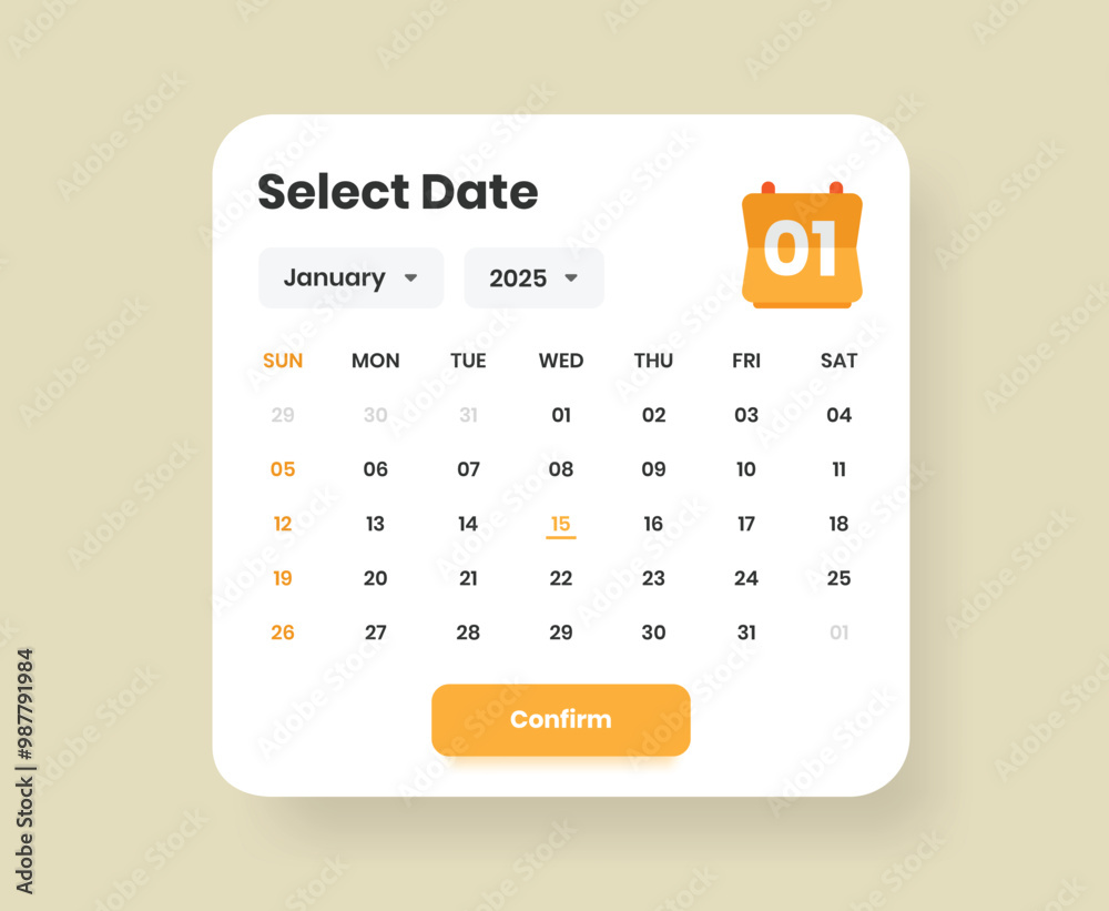 Wall mural date picker minimalist calendar popup ui template design for mobile and web interface