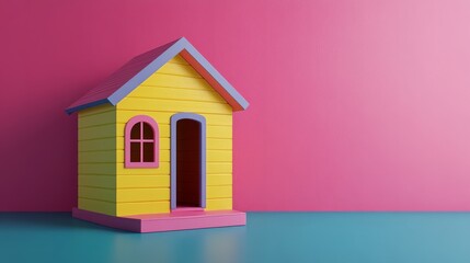 A charming yellow toy house with pink accents awaits imaginative decorations and play