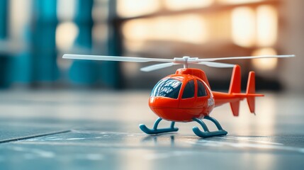Fototapeta premium A bright red toy helicopter sits on the floor ready for adventurous play by children