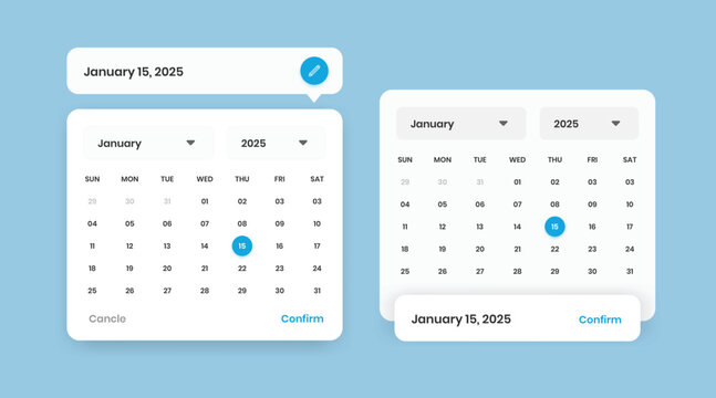 Modern date picker calendar popup layout design with two variations for mobile and web interface design