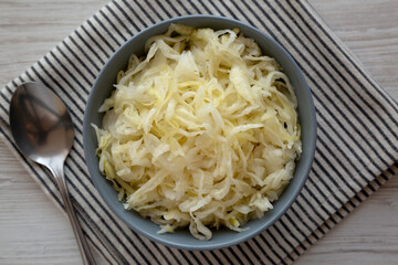 Homemade German Sauerkraut in a Bowl, top view.