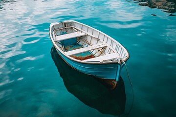 Small white rowboat adrift in tranquil turquoise water