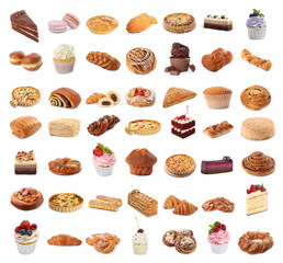 Different pastry isolated on white. Set of cakes, buns and other baked goods