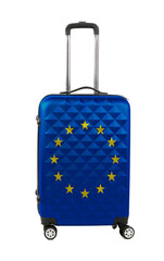 Suitcase painted in national flag of European Union isolated on white