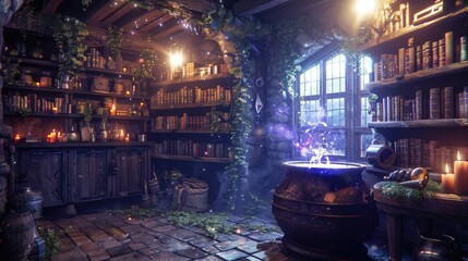 A cozy and magical room filled with books, potions, and candles. A cauldron sits in the center, glowing with purple energy.
