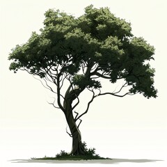 Hand drawn illustration of a tree with twisted branches and green leaves against a white background.