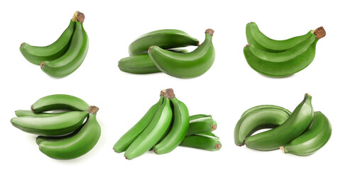Fresh ripe green bananas isolated on white, set