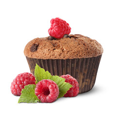 Tasty chocolate muffin with raspberries isolated on white