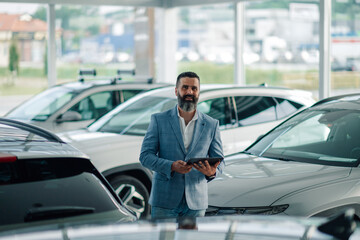 Smiling man standing amidst cars with tablet in showroom space.