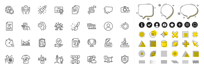 Set of Headshot, Checklist and Globe line icons for web app. Design elements, Social media icons. Business podium, Teamwork, Speech bubble icons. Vector