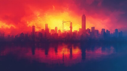 Fototapeta premium Cityscape at Sunset with Reflections