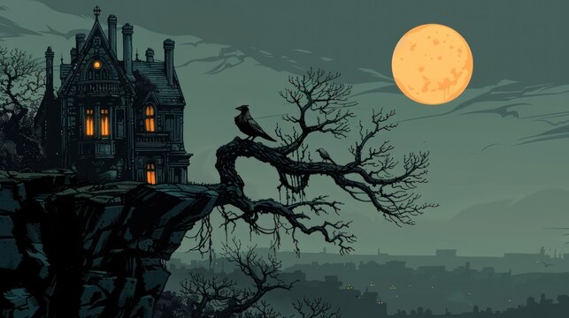 A creepy, terrifying mansion under a full moon, with a bird perched on a crooked tree, creating a dark, Halloween-inspired atmosphere of fear and mystery.