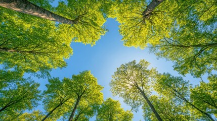 Obraz premium A vibrant view of green treetops against a clear blue sky, showcasing nature's beauty.