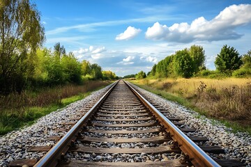 Obraz premium Straight Railroad Tracks Leading to Horizon with Blue Sky and Fluffy Clouds