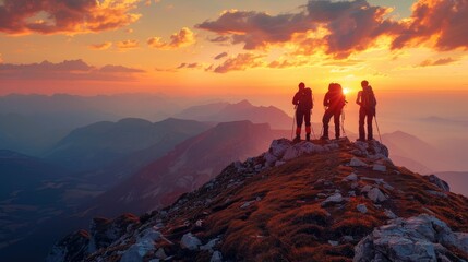 Obraz premium Three hikers standing on a mountain peak at sunset, enjoying a breathtaking view of the surrounding landscape.