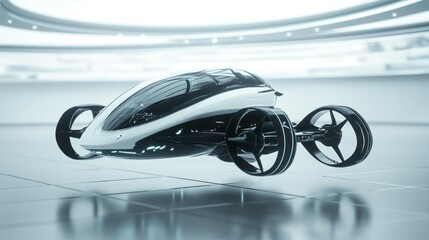 Futuristic White Flying Car with Black Wheels in a Sterile Environment