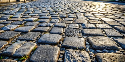 Sunlit cobblestone path leading through a historic area.
