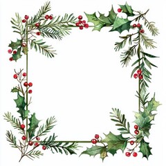 Christmas Wreath of Pine Branches and Berries on White Background