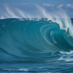 A powerful wave from the Pacific Ocean crashes against the shore, its crest frothing white as it surges forward, reflecting the vibrant blue of the open sea.