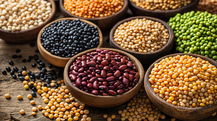 
A vibrant display of various pulses--lentils, chickpeas, black beans, and kidney beans on a rustic wooden table. World pulses Day.