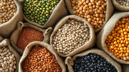 
A vibrant display of various pulses--lentils, chickpeas, black beans, and kidney beans on a rustic wooden table. World pulses Day.