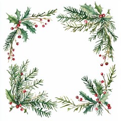 Christmas Frame of Pine Branches and Holly on White Background