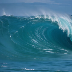 A powerful wave from the Pacific Ocean crashes against the shore, its crest frothing white as it surges forward, reflecting the vibrant blue of the open sea.