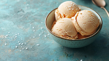 Creamy Dulce De Leche Ice Cream with a rich caramel swirl, served in a bowl, garnished with a sprinkle of sea salt