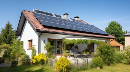 A modern house with solar panels, surrounded by lush greenery and vibrant flowers, showcasing eco-friendly living in a serene environment.