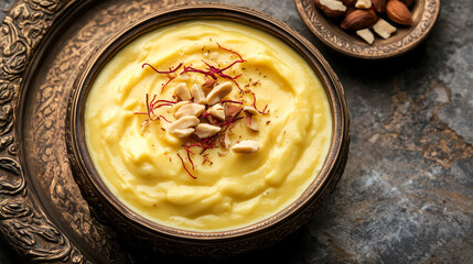 Creamy, smooth Shrikhand garnished with saffron strands and chopped nuts, served in a traditional bowl