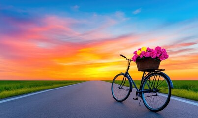 Naklejka premium Serenity on the Road: A Vintage Bicycle Amidst Sunset Beauty