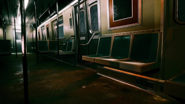 A dimly lit subway car with empty seats