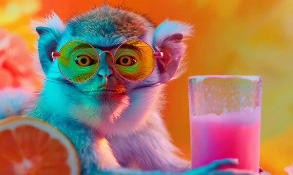 A monkey experiments with a colorful potion on a sunny day in a vibrant garden