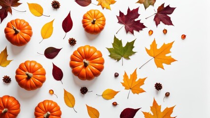 A festive arrangement of pumpkins and autumn leaves on a white background.