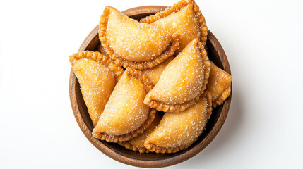 Crispy, golden Gujiya with a delicate sugar coating, arranged in a traditional bowl