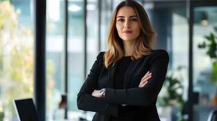 
Portrait of successful business woman inside office, standing with arms crossed. Happy Woman day. Empowered Woman.