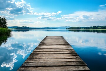 Wooden Dock Extending into Tranquil Lake with Blue Sky and White Clouds