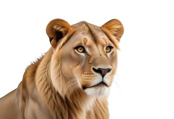 Obraz premium A close-up portrait of a female adult African lion with a fur coat and piercing eyes against a plain white background