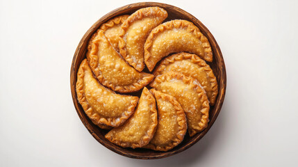 Crispy, golden Gujiya with a delicate sugar coating, arranged in a traditional bowl