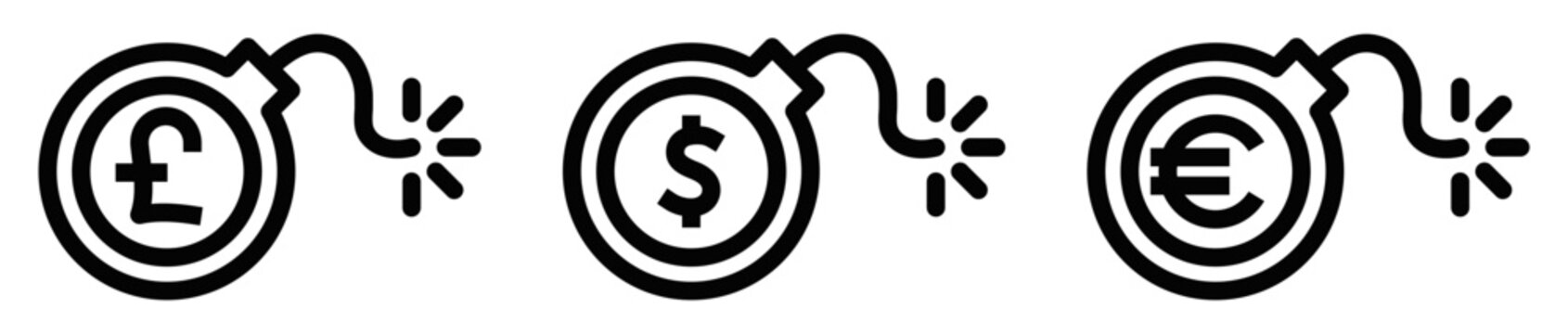 Vector illustration of currency bomb icons with pound, dollar, and euro symbols, representing financial crisis or risk. Editable stroke.