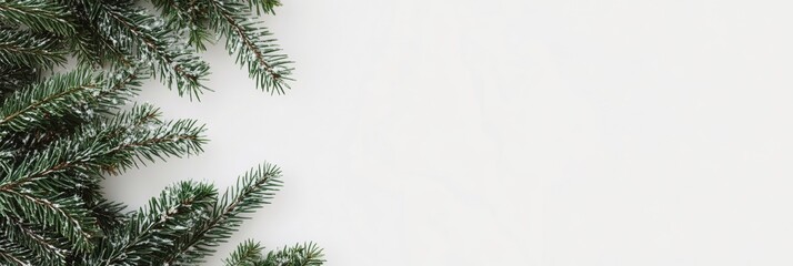 Obraz premium Frosted green pine branches with a dusting of snow, arranged on a clean white background for a winter holiday scene.