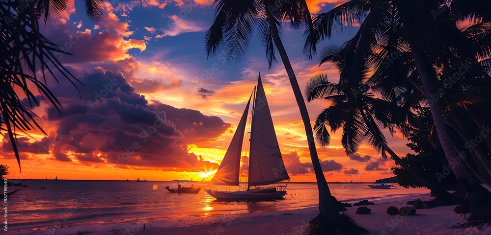 Wall mural vibrant sunset with the silhouette of a sailboat on the beach, surrounded by palm coconut trees, and