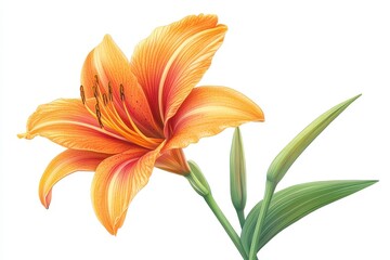 Fototapeta premium A vibrant orange lily flower with lush green leaves, showcasing its intricate petals and natural beauty, white background