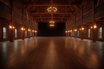 Fototapeta premium Spacious empty hall with wooden flooring and large chandeliers, surrounded by warm lighting, creating a luxurious and elegant atmosphere for events