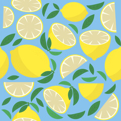 Vector Fresh Yellow Lemon with Green Leaves. Seamless Pattern. Tropical Fruit Icon with Sour Taste.